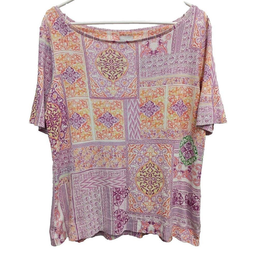 Chicos Womens BOHO Cottagecore Top Medium Pink Floral Short Sleeve Casual